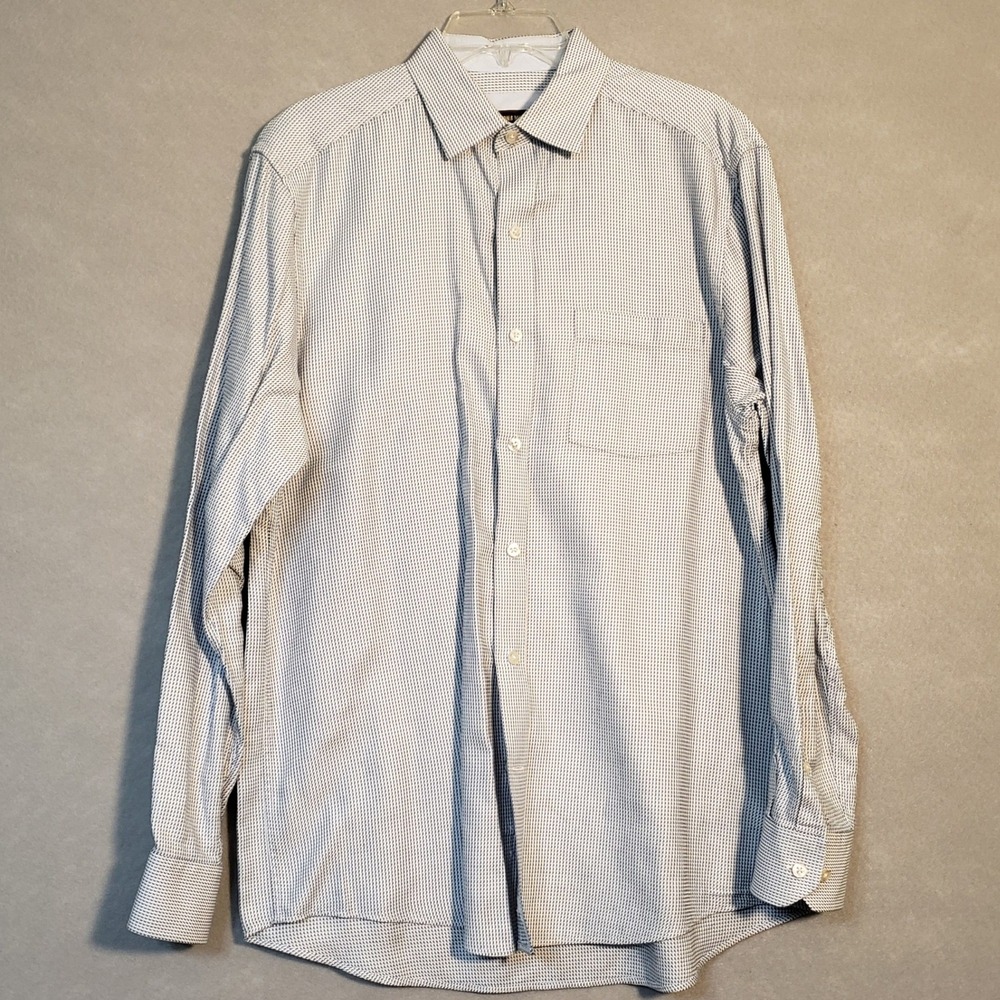 Johnston & Murphy Mens Med Blue White Geometric Print Cotton Button Down Shirt